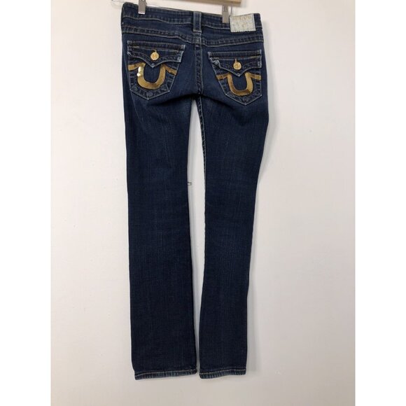 True Religion World Tour Billy Womens 26x29 Blue Denim Jeans Straight Gold Hem - Picture 3 of 9